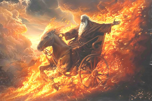 ELIJAH IS TAKEN TO HEAVEN IN A FIREY CHARIOT